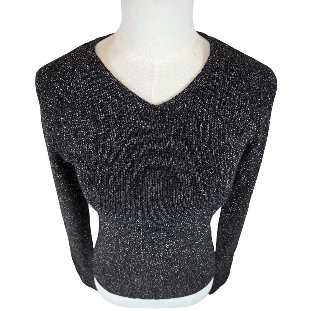 VINCE Black V-Neck Ribbed Sweater w/Metallic Shimmer Thread - Picture 2 of 10